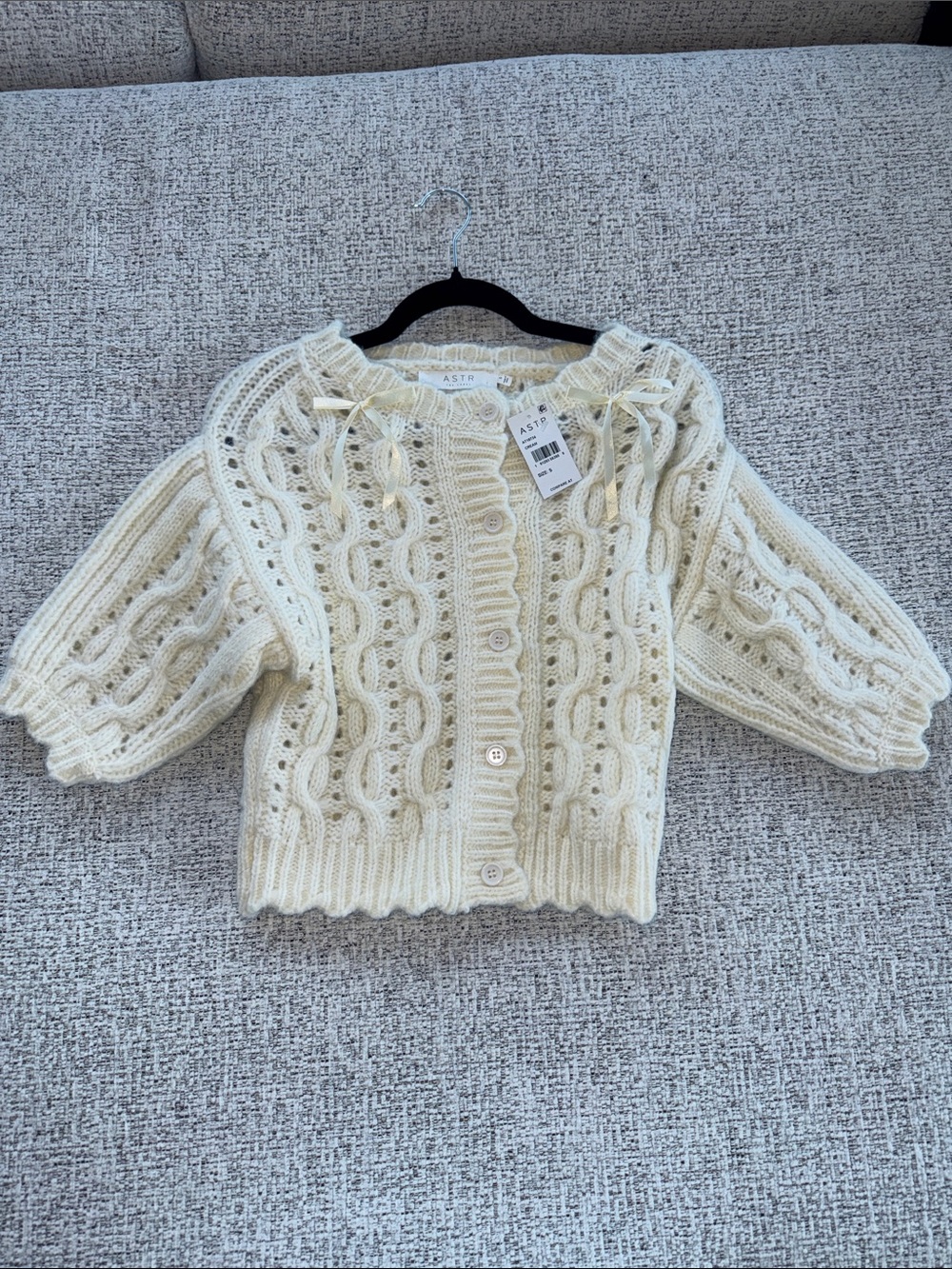ASTR Cream Cable Knit Button-Up Cardigan with Scallop Trim